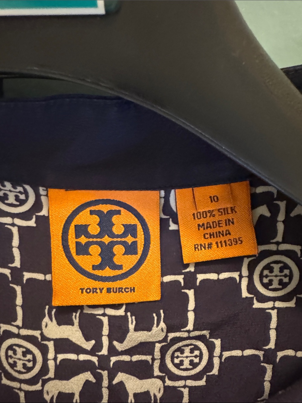 Tory Burch Navy & White Logo-Pattern silk top with Gold Buttons size 10 - Picture 8 of 8